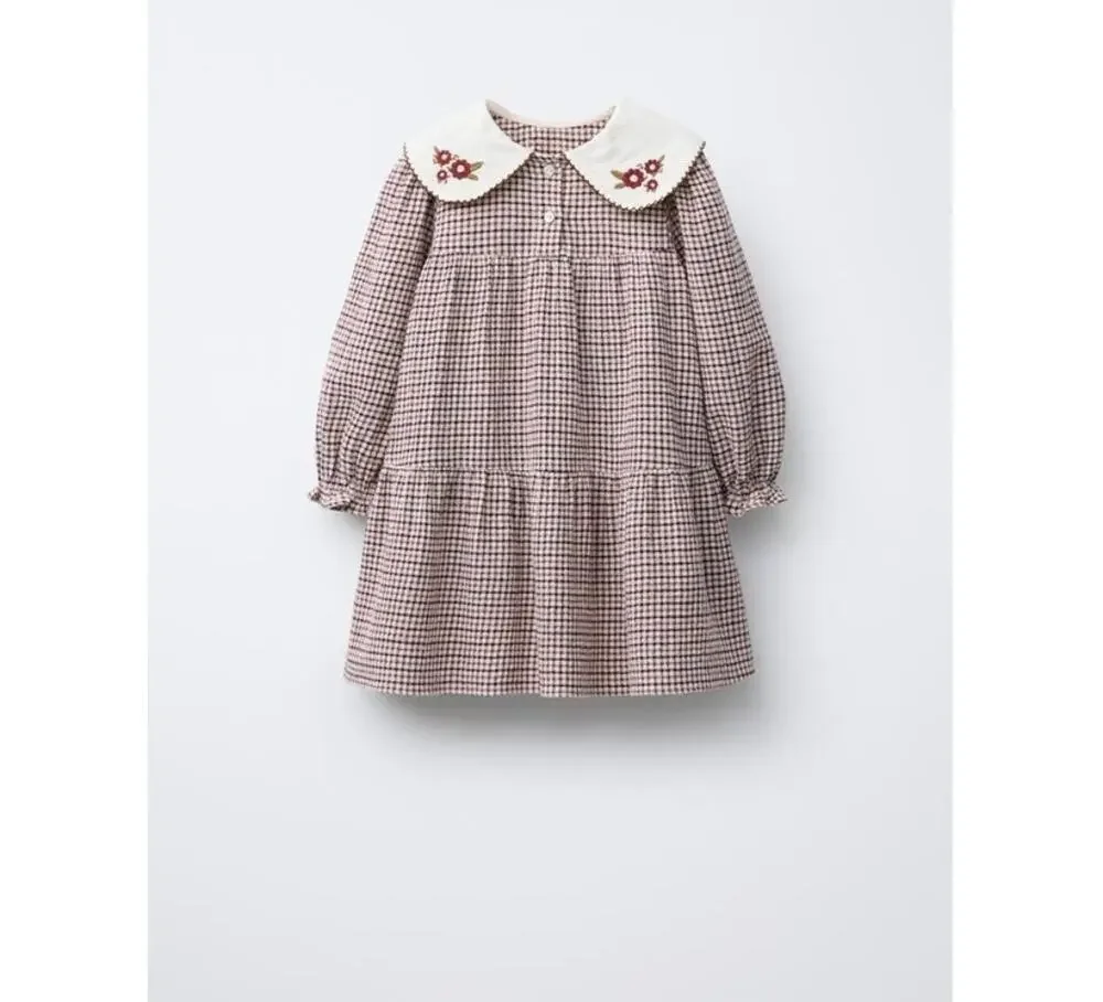 Zara Girls Check Textured Dress Embroidered Collar Cotton Blend size 2